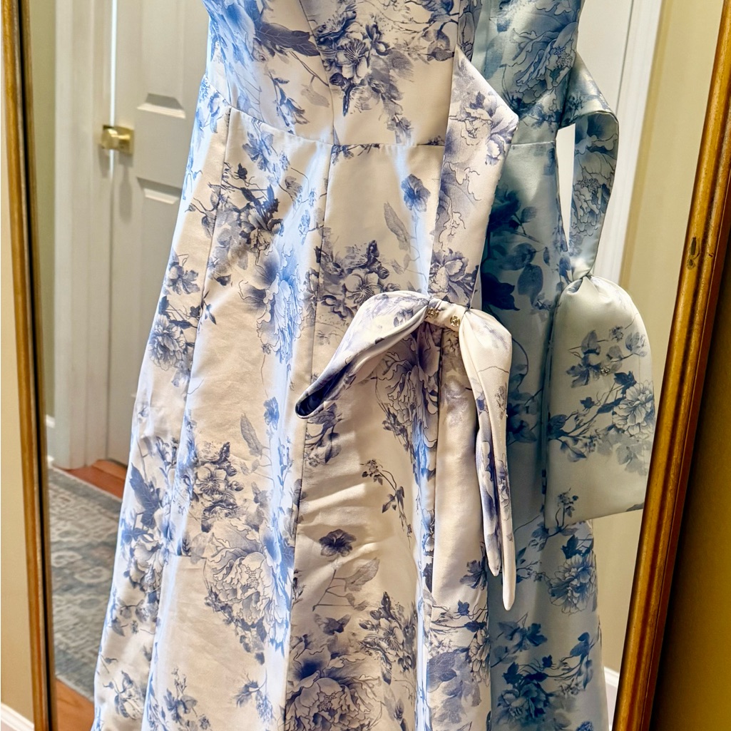 Blue And White Strapless A-Line Prom Dress